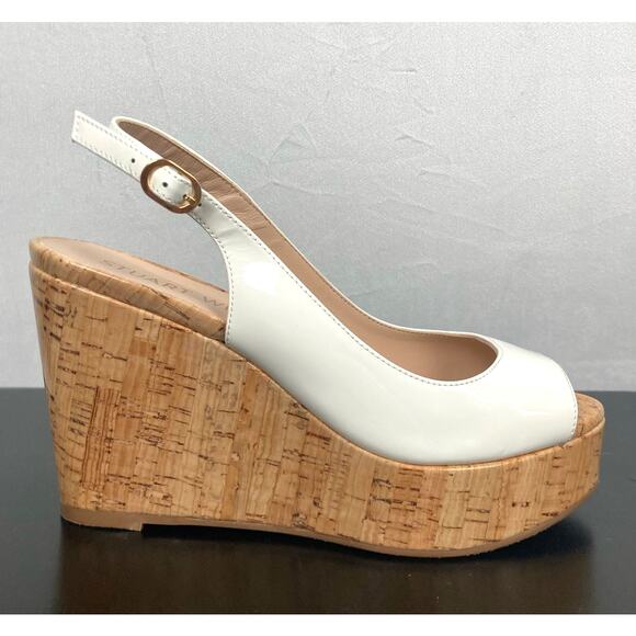 Stuart Weitzman Riveria Patent Leather Wedge Slingback Sandals White 6.5 - Picture 5 of 10